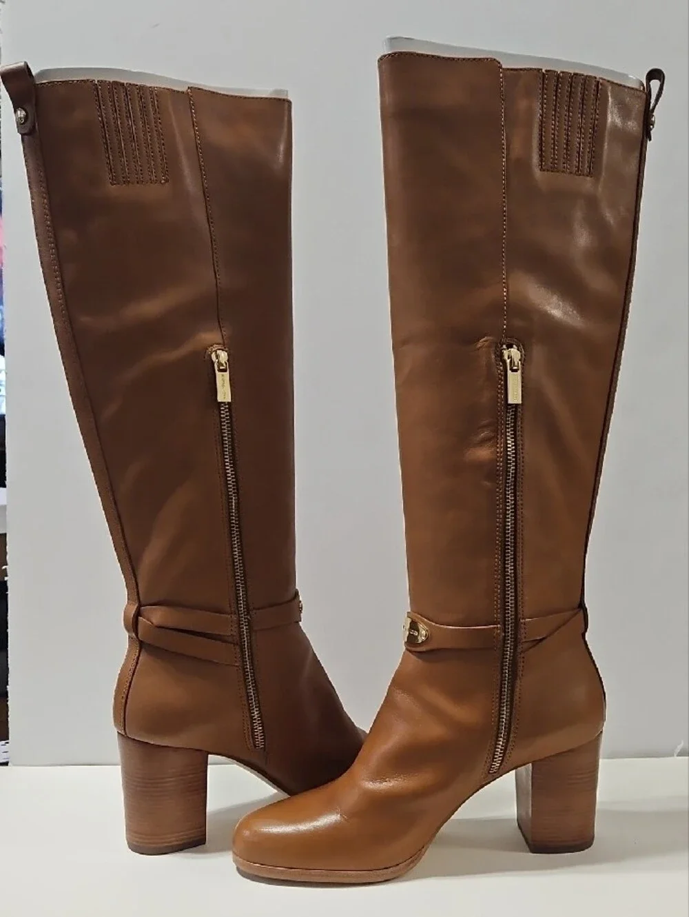Michael Kors Arley Women's Luggage Brown Leather Riding Boots w/ Block Heel